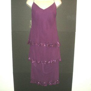 New Jones New York Dress Women's Sz 8 Mauve Layered Beads Below Knees 100% Silk